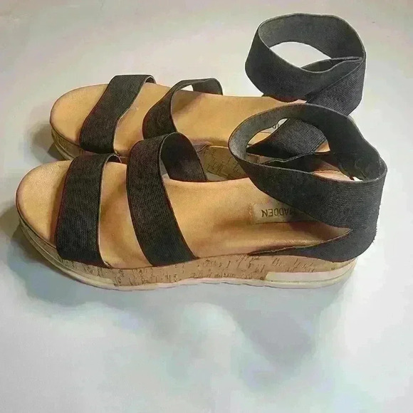 Steven Madden Beladonna Women's Black Strappy Sandals Stretch Cork Platform 8M - Picture 2 of 9